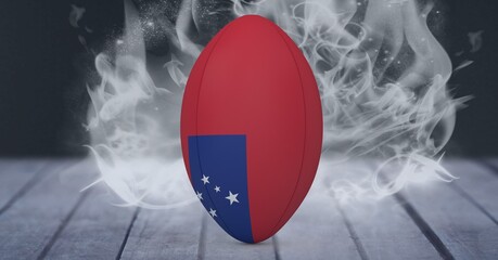 Naklejka premium Composition of rugby ball decorated with the flag of samoa on black background with smoke