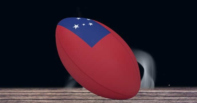 Composition of rugby ball decorated with the flag of samoa on black background with smoke