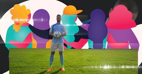 Composition of male football player holding football over abstract mural of people embracing © vectorfusionart