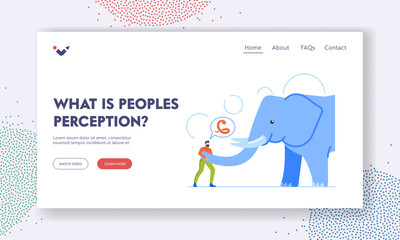 Blindfolded Character Perceptions Landing Page Template. Blind Man Touch An Elephant. Impressions, Ideas, Opinions