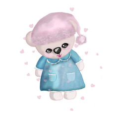 Lovely baby bear girl doll wearing pink winter warm hat and light blue clothes