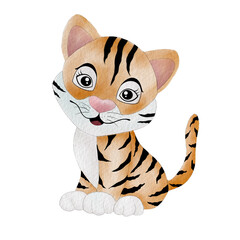 Chinese new year 2022 year of the tiger - happy baby female tiger cartoon character watercolor...