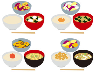 玄米ご飯と味噌汁と芋P