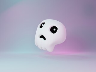3d Render,Halloween White Skull Ghost Haunt with White Modern Design and neon light. Happy Halloween Day background with night scene and cute spooky design. Trick or Treat party celebrate.