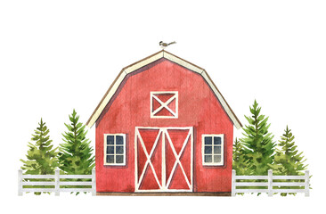Christmas Red barn and green trees watercolor illustration