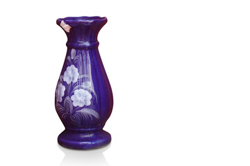 broken blue and white color ceramic vase on white background, object, decor, home, vintage, copy space