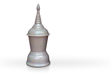 thai pearl ceramic urn, which use to keep human bone ashes after death inside, with a fake garland in white background, object, religion, copy space