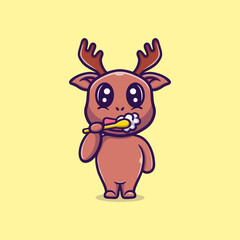 Cute reindeer brushing teeth vector icon illustration