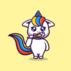 Cute unicorn brushing teeth vector icon illustration