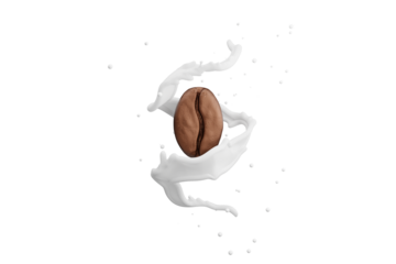 Roasted coffee bean with spiral of milk splash on transparency background. Coffee late and Product background concept. 3D rendering.
