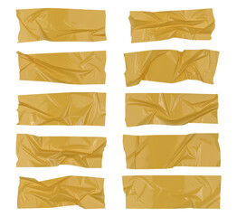 Yellow wrinkled adhesive tape isolated on white background. Yellow Sticky scotch tape of different sizes. Vector illustration.