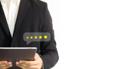 Customer give rating to business service experience on online application. User evaluate quality of services leading to reputation of company, reviewing satisfaction feedback survey concept.