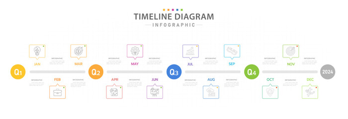 Infographic template for business. 12 Months modern Timeline diagram calendar with 4 quarter topics, presentation vector infographic.