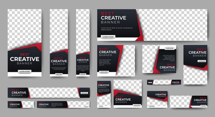 Creative web banners of standard size with a place for photos. Gradient black and red. Business ad banner. Vertical, horizontal and square template.