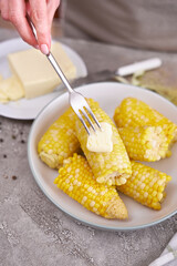 Cooked corn cobs on a plate at domestic kitchen