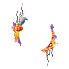 Halloween pumpkin autumn decorative round frame. Watercolor illustration. Halloween decor with pumpkins, witchcraft, spiders, web, fallen leaves, dry tree branch. White background