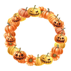 Pumpkin decorative halloween round wreath. Watercolor illustration. Halloween wreath decor from orange pumpkins, scary funny faces. White background