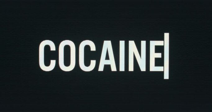 Closeup of Cocaine being Typed onto Vintage Computer Monitor with Blinking Cursor. Digital Words Intro CRT LCD TV Screen Pixels Macro Detail 4K