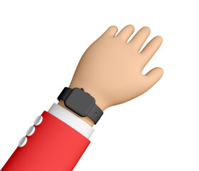 3d hand with smart watch. Clock on the hand of a businessman in red suit. Hand with clock isolated on background. 3d rendered illustration. 