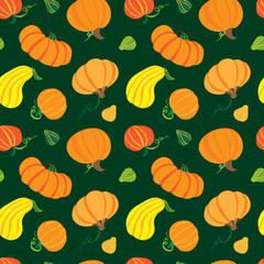 Orange pumpkins on a green background. Seamless pattern. Vector. For packaging, fabric, for the decor of autumn holidays.