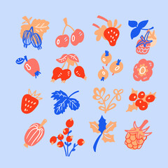 Set of decorative minimalist berries, flowers and leaves for design. Flat style nature and flora for patterns, backgrounds. Strawberries, spiked berries, holly on branch. Vector illustrations.