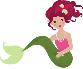 Cute mermaid princess with red hair, stylish outfit, pearl necklace