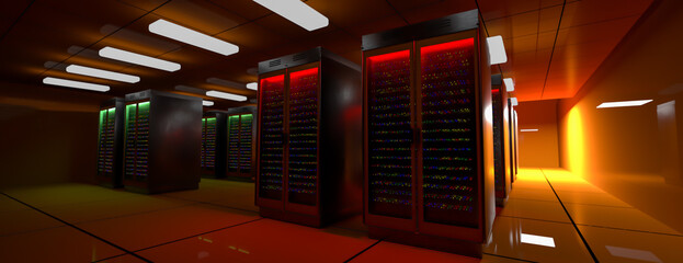 Server room. Server data center. Backup, mining, hosting, mainframe, farm and computer rack with storage information. 3d rendering