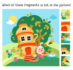 Find the hidden fragments. Game for kids. Fairytale teapot house. Cute bunny with berry pie. Building, cartoon style characters. Vector illustration.
