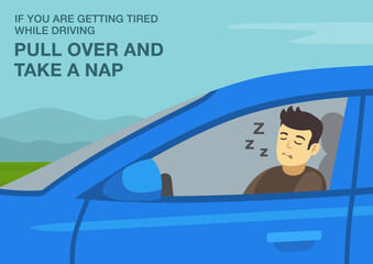 Safe driving tips and traffic regulation rules. How to stay awake when driving. If you are getting tired, pull over and take a nap. Close-up of a sleeping male driver. Flat vector illustration.