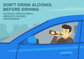 Safe driving tips and traffic regulation rules. How to stay awake when driving. Don't drink alcohol, it causes drowsiness. Close-up of male driver holding a bottle. Flat vector illustration.