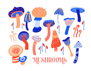 Mushrooms set of vector illustrations isolated on white background. Decorative stylized minimalistic plant in bright neon colors. Ingredients for witch potion. Cartoon style.