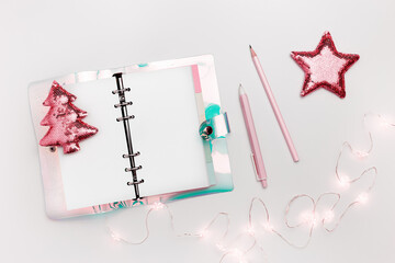 Flat lay stationery as teenagers girls working place, work or blogging, New Year ideas, planning...
