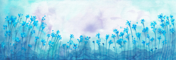 Bright teal blue floral mountain landscape. Blue Nature landscape. Silhouettes of mountains and flowers. Watercolor painting background. - 530488964