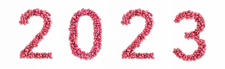 2023 headline from red kidney beans on white background. New Year caption or title.