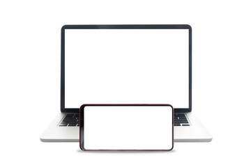 Blank screen on mobile phone and laptop, notebook on isolated white background.