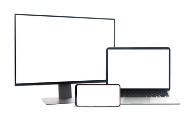 blank screen for text on computer monitor, laptop and smart phone with isolated white background.