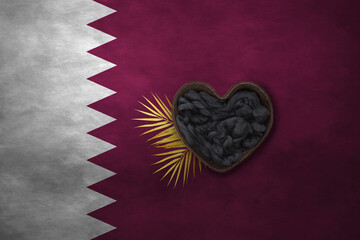 Wooden basket heart form on background of national flag. Photography and marketing digital 3d backdrop. Qatar