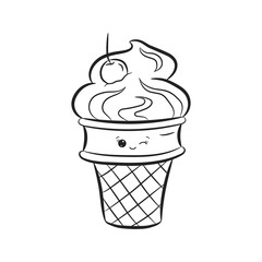 Kawaii ice cream with cherry isolated on white background. Ice cream with happy cute face in doodle style. Coloring book. Vector Illustration