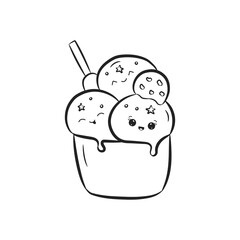 Cute ice cream in a cup isolated on white background. Ice cream with happy kawaii face in doodle style. Coloring book. Vector Illustration
