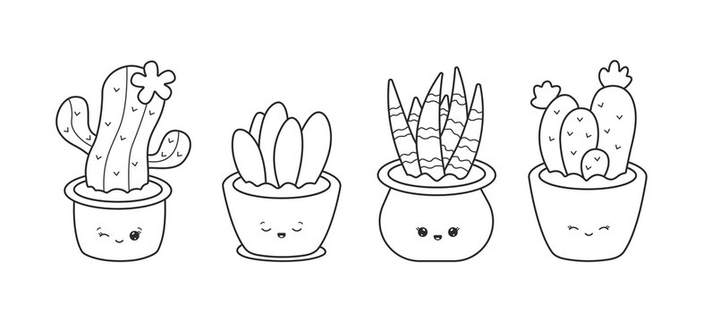 Collection of cacti and house plants with funny faces. Set of kawaii potted plants and cacti in black linear drawing style. Vector illustration isolated on white background
