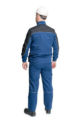 a man in special clothes for workers in a helmet on a white isolated background