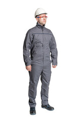 a man in special clothes for workers in a helmet on a white isolated background