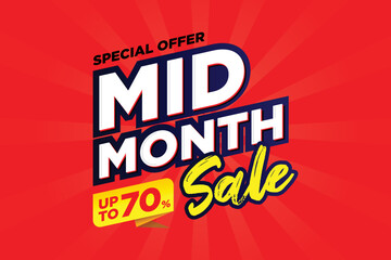 Mid month sale poster or banner vector template design. Big sale event on the red background. Ads for web, social media, shopping online.