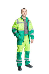 Fototapeta premium man in special clothes for workers on a white isolated background. a man in uniform