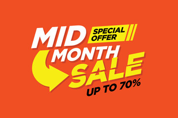 Mid month sale poster or banner vector template design. Big sale event on the red background. Ads for web, social media, shopping online.