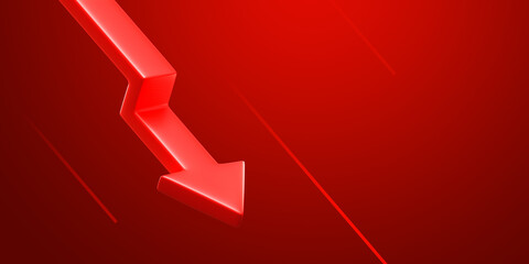 Red 3d arrow down graphic icon sign on decrease economic web background with loss business chart symbol or crisis marketing inflation price low bankrupt investment and sales target economy recession. © Lemonsoup14