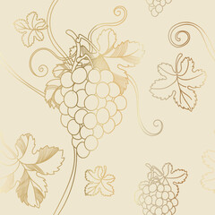 Vector grape branch seamless pattern. Grapevines Fruit vintage golden line botanical hand drawn illustration. Winegrowing decor.