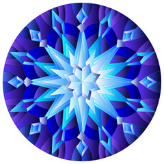 Illustration in stained glass style with snowflake in blue colors in a frame ,round image