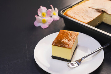 New york cheesecake, freshness piece classic white cream sweet bakery in restaurant, tempting smooth cake for birthday party menu