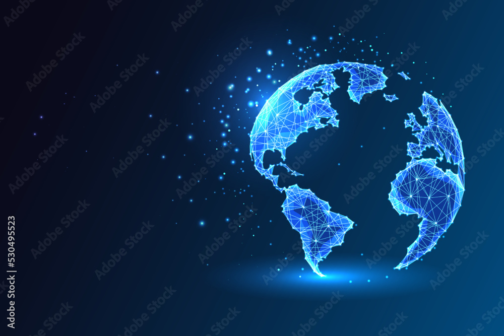 Wall mural global network connection concept with planet earth globe map in futuristic glowing style on blue